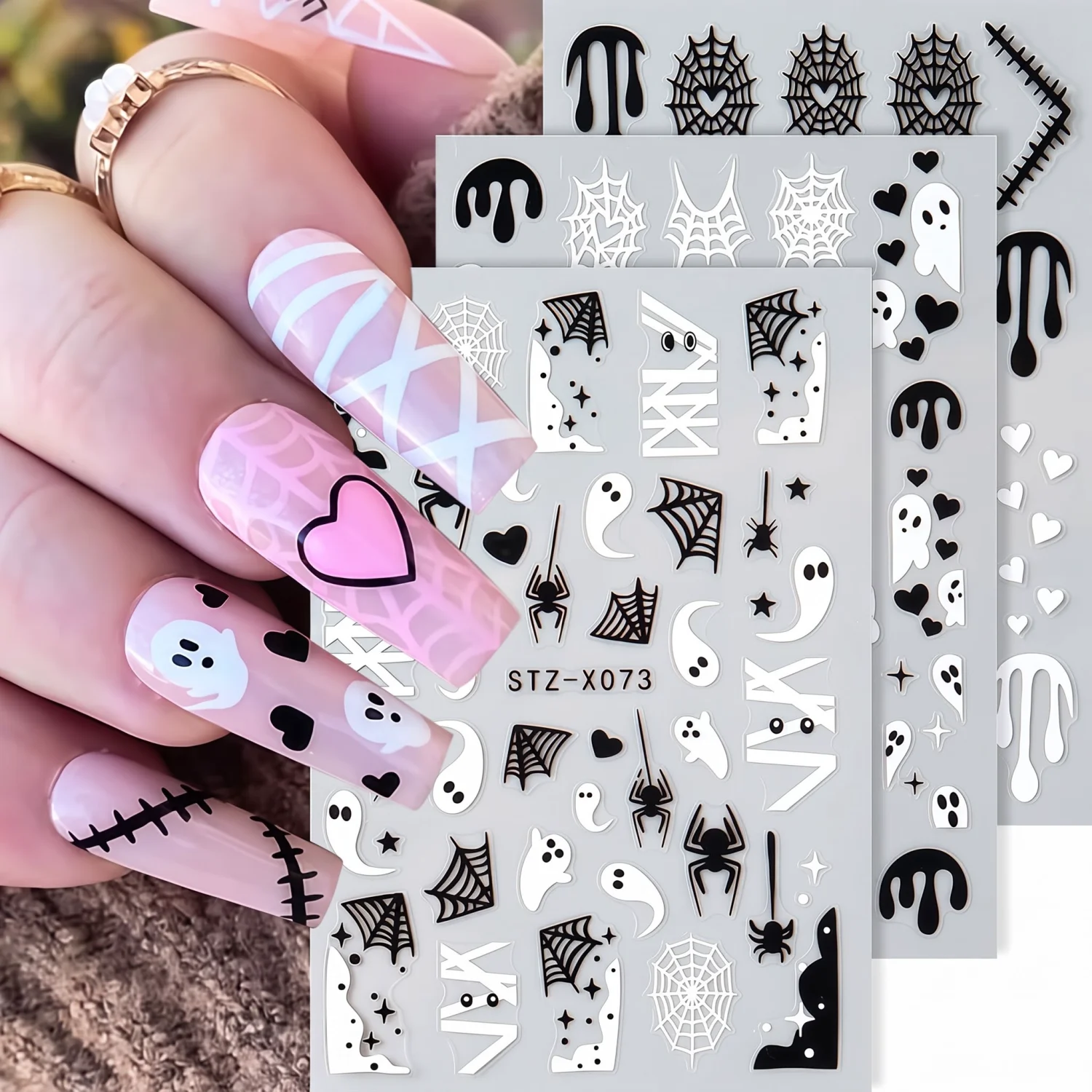 Nail Art For Men - 3D zelfklevende Halloween-nagelstickers met spinnen, spinnenwebben